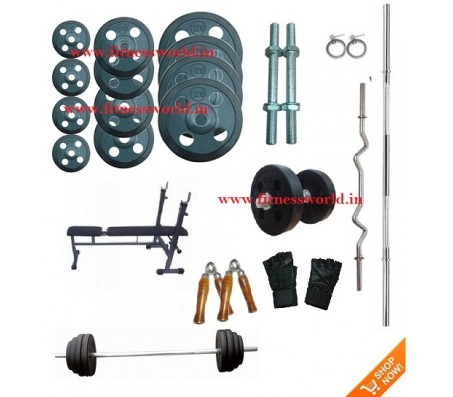 76 Kg Full Home Gym package Plates + 4 rods + Multi bench + Gloves + Gripper